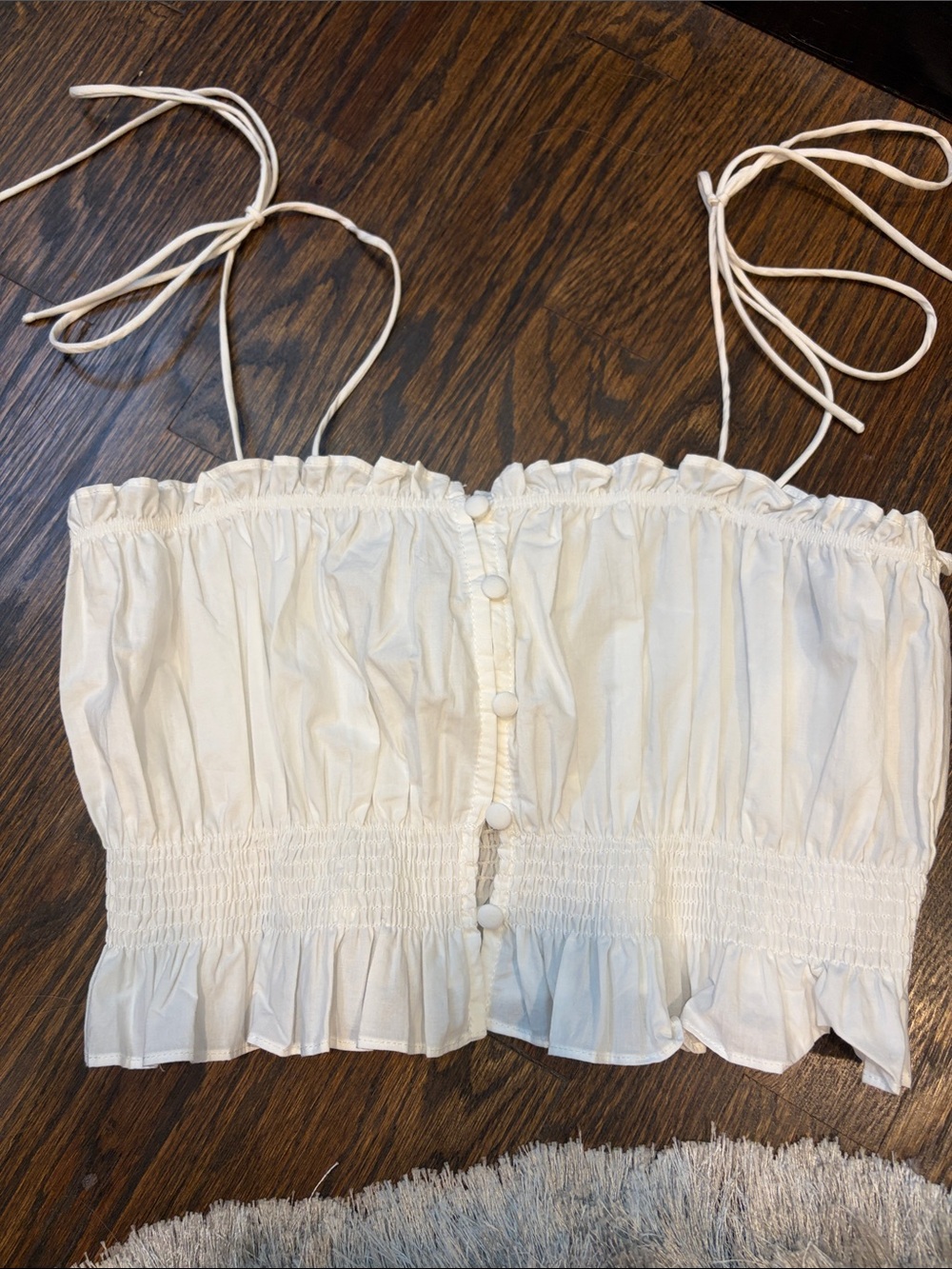 Smocked White Button-Front Crop Top with Tie Straps